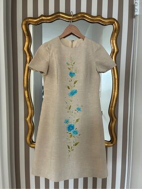 Beige Linen Dress with Blue Floral Embroidery
